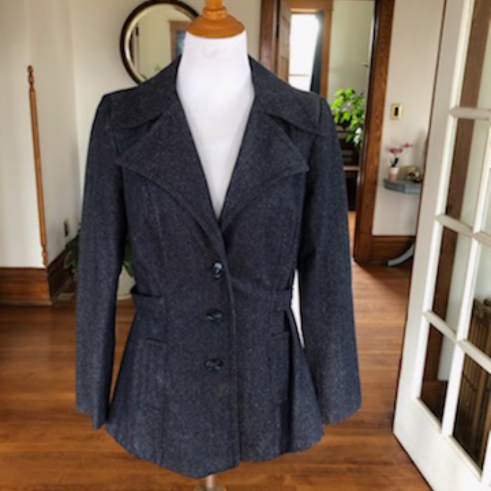 Vintage Navy Blue Denim Fitted Wool Blazer Size 42